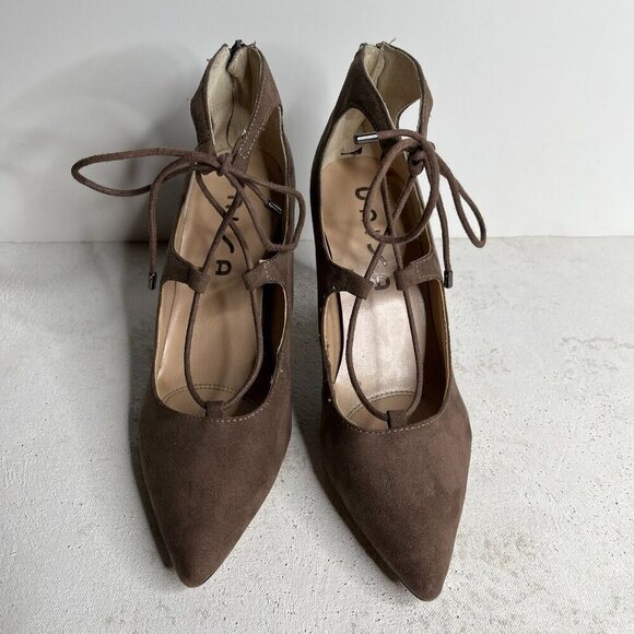 Unisa Tan Suede Laced Front Pointed Toe Block Heels Pumps Size 7 - Picture 11 of 11